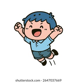 Cheerful Cartoon Boy Jumping for Joy Illustration with blue hair and a light blue shirt leaps enthusiastically, fists clenched in excitement.
