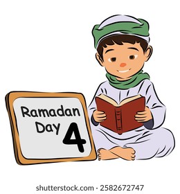 A cheerful cartoon boy in Muslim attire sits reading the Quran beside a whiteboard showing a Ramadan countdown.