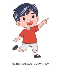 Un alegre niño de dibujos animados con el pelo azul marino con una camisa roja, pantalones cortos blancos y zapatos azules, apuntando con entusiasmo hacia un lado. El personaje es representado con una sonrisa expresiva