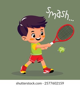 Cheerful cartoon boy playing tennis with red racket and tennis ball on simple green background. Sports activity concept, vector illustration
