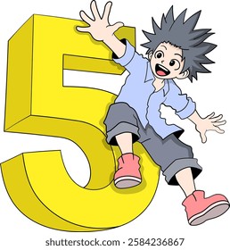 A cheerful cartoon boy with spiky hair, wearing a blue shirt and red shoes, excitedly sitting on a large yellow number five