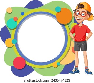 Cheerful cartoon boy standing next to a vibrant frame.