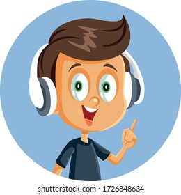 Cheerful Cartoon Boy Wearing Headphones Pointing Finger. Happy male student wearing headset learning a foreign language
