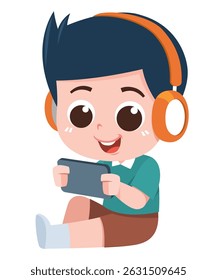 A cheerful cartoon boy wearing orange headphones is sitting and playing on a tablet.