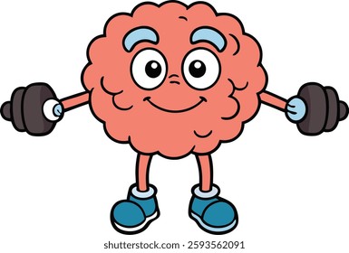 A cheerful cartoon brain character with big eyes and a wide smile lifts dumbbells, showing strength and determination. Its veins pop slightly as it exercises with enthusiasm!