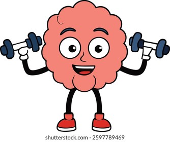 A cheerful cartoon brain character with big eyes and a wide smile lifts dumbbells, showing strength and determination. Its veins pop slightly as it exercises with enthusiasm!