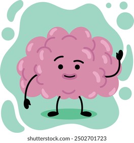 A cheerful cartoon brain character with a friendly smile and waving hand, set against a light green background with abstract shapes. Perfect for themes related to positivity, mental health