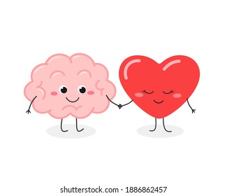 Cheerful cartoon brain and heart characters holding hands. Mind and feeling harmony concept. Vector flat illustration isolated on white background