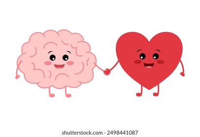 Cheerful cartoon brain and heart characters holding hands. Mind and feeling harmony concept. 