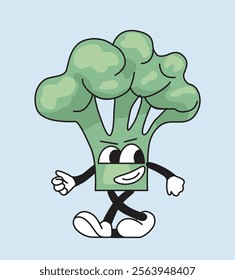 Cheerful cartoon broccoli character with an expressive face, walking pose, and playful attitude, isolated on a light blue background. Flat cartoon vector illustration