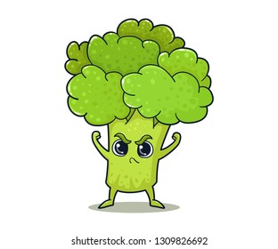 Cheerful cartoon broccoli character on white background. Emotion, emoji. Colorful smiling hand drawn plant with face, arms and legs. Vector illustration