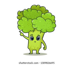 Cheerful cartoon broccoli character on white background. Emotion, emoji. Colorful smiling hand drawn plant with face, arms and legs. Vector illustration