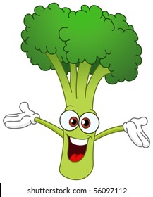 Cheerful cartoon broccoli raising his hands