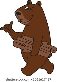 A cheerful cartoon brown bear is depicted walking and carrying two pieces of firewood.