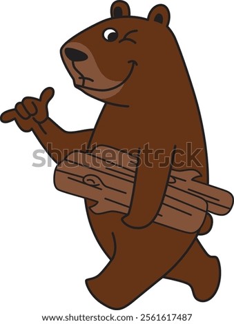 A cheerful cartoon brown bear is depicted walking and carrying two pieces of firewood.