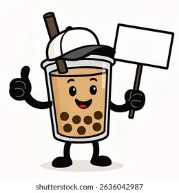 Cheerful cartoon of brown milk chocolate with tapioca pearls, wearing a cap and holding a sign, giving a thumbs up.