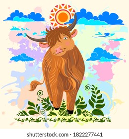 Cheerful cartoon bull sits galloping on the grass. Scottish long-haired bull on a background of colored blots. Design of children's clothing, packaging, notebooks and notebooks