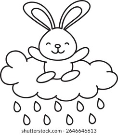 A cheerful cartoon bunny sits on a fluffy cloud, with its arms outstretched as raindrops fall. This simple line art is perfect for children's books and coloring pages.