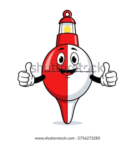 A cheerful cartoon buoy with a lighthouse on top giving thumbs up, symbolizing approval or success in a nautical context, perfect for maritime or educational materials.