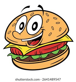A cheerful cartoon burger with expressive eyes and a wide smile showcases layers of cheese, tomato, lettuce, and a juicy patty. The burger's jovial expression enhances its fun appeal.