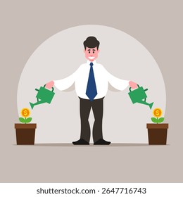 A cheerful cartoon businessman meticulously waters plants, symbolizing business growth, careful investment, and nurturing success. Perfect for themes of finance, sustainability, and development
