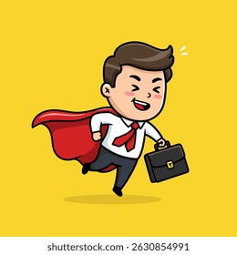 A cheerful cartoon businessman with a red cape and briefcase, symbolizing an office hero.