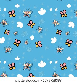 Cheerful Cartoon Butterflies and Abstract Cloud Pattern on Blue