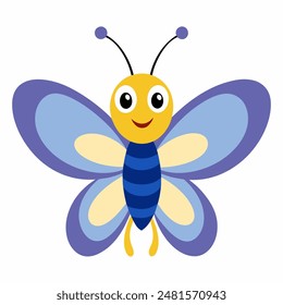 A cheerful cartoon butterfly has blue and yellow wings