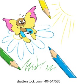 Cheerful cartoon butterfly and pencils. Vector illustration on white background.