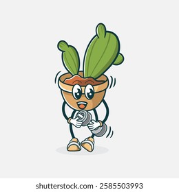 A cheerful cartoon cactus in a pot is weightlifting, showcasing a healthy and active lifestyle.