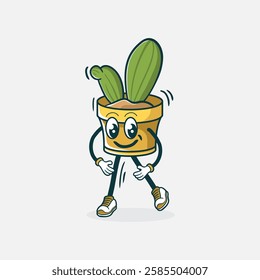 A cheerful cartoon cactus in a yellow pot with legs and shoes is walking.