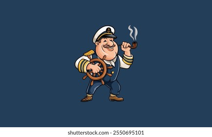 Cheerful cartoon captain with a ship wheel and smoking pipe.