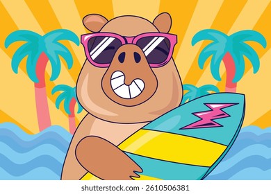 Cheerful cartoon capybara character with bright pink sunglasses holding colorful surfboard on a tropical beach background with palm trees, waves, and sun rays in vibrant summer palette