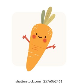 A cheerful cartoon carrot with arms outstretched in a welcoming gesture.  The style is cute, friendly, and childlike, suitable for children's books, food-related branding, or educational materials.