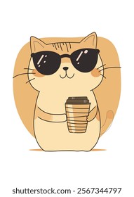 Cheerful cartoon cat character in sunglasses holding coffee in his paws.