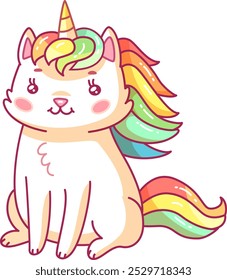 Un gato alegre de la historieta con una melena colorida del arco iris y un cuerno del unicornio se sienta feliz. Su expresión lúdica ilumina la atmósfera invitando sonrisas de los espectadores.