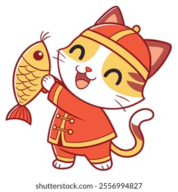 A cheerful cartoon cat in traditional attire holding a fish.