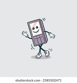 A cheerful cartoon cell phone character with legs and arms is happily dancing.