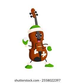 Cheerful cartoon cello character dressed in festive winter holiday attire playing snowball battle. Vector funny musical instrument celebrating Christmas season, conveying joy with cheerful expression