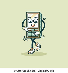 A cheerful cartoon cellphone character dances with glee, showcasing a retro design and happy expression.