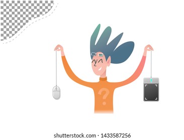 Cheerful cartoon character artist choose digital tablet or mouse. Bright cartoon character creator isolated on white background - vector