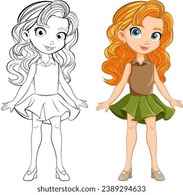 A cheerful cartoon character of a beautiful woman in a mini skirt