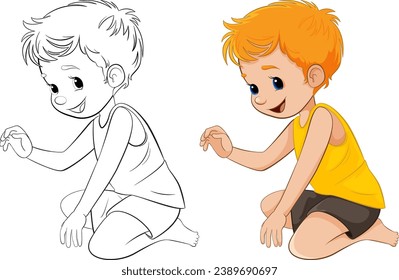 A cheerful cartoon character of a boy sitting, ready for coloring