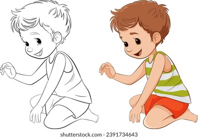 A cheerful cartoon character of a boy sitting, ready to be colored