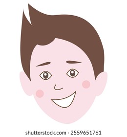 Cheerful cartoon character with brown spiky hair and big eyes