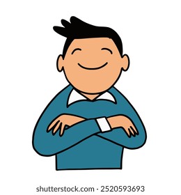 A cheerful cartoon character with crossed arms, smiling confidently, wearing a blue sweater and white shirt