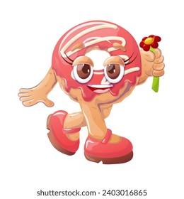 Cheerful cartoon character of delicious pastry. Fruit donut with flower. Dessert. Retro cartoon vector illustration for print, banner, menu for cafe, restaurant, bar.Vector illustration