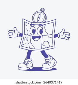 A cheerful cartoon character designed as a map explorer with a compass, ready for an adventurous journey with a friendly demeanor.