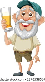 Un animado personaje de caricatura de un anciano con una gorra, sosteniendo una pinta de cerveza