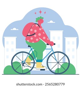 A cheerful cartoon character enjoys a bicycle ride through a bustling city. Perfect for children's books, websites, 